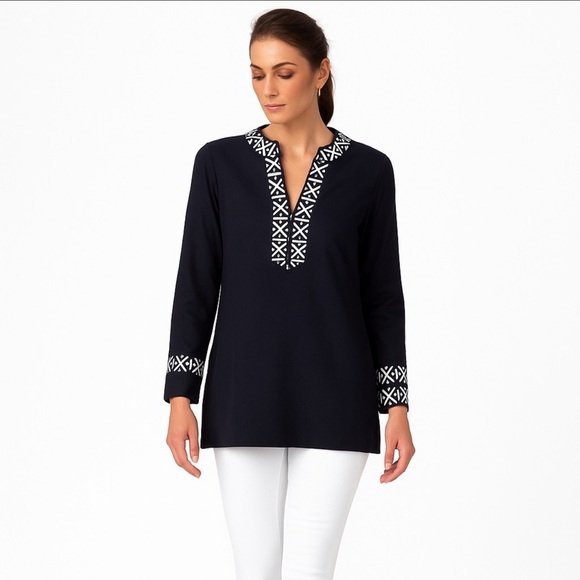 Tory Burch Ariana navy tunic embroidered trim long sleeve Size 2 - Picture 1 of 11